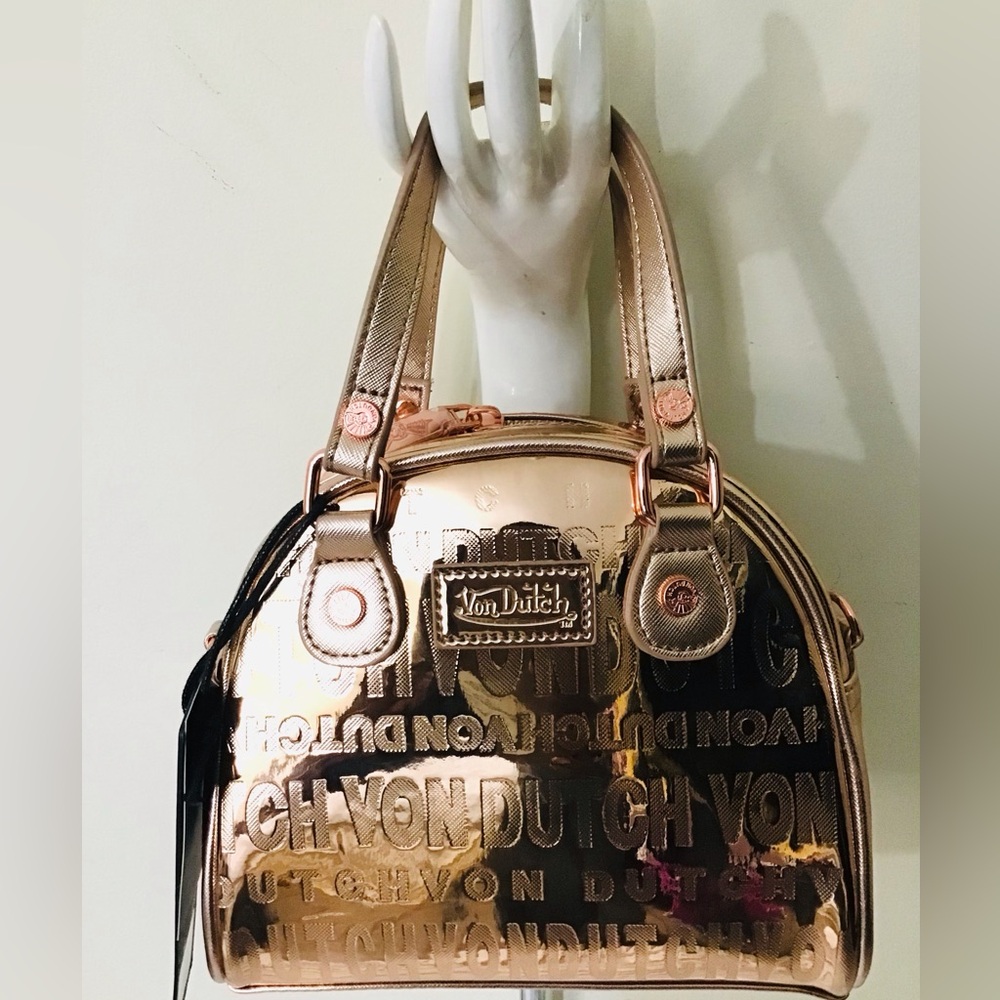 Von Dutch Rose Gold Reflective Mini Bowler Bag NWT
